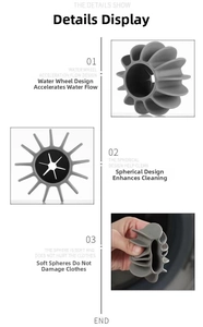 Detail of soft silicone laundry ball featuring waterwheel blade design to prevent tangling