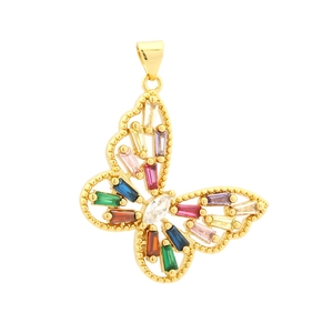 Detail of a gold butterfly pendant featuring colorful marquise and rectangle cut zircons