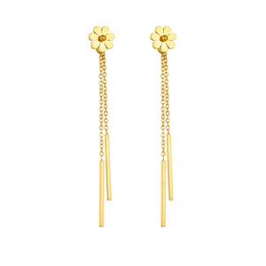 Golden daisy stud earrings with elegant double chain tassels on a clean white background