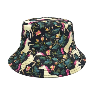 Polyester Bucket Hat Foldable Fisherman Hat Cartoon Unicorn Floral Print Summer Beach Sun Hat For Men Women