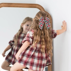 Fermaglio vintage per capelli con fiocco scozzese rosso e verde per ragazze e bimbe