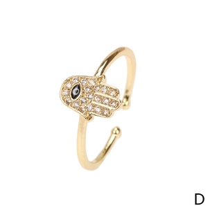 Golden Hamsa Hand open ring with cubic zirconia and blue evil eye detail
