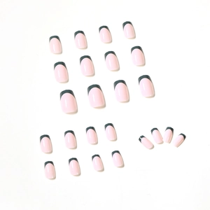 Olive green French press-on nails with pale pink base color and glossy finish
