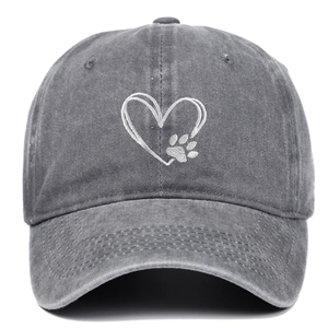 Vintage washed dark grey cotton baseball cap with embroidered heart and paw print
