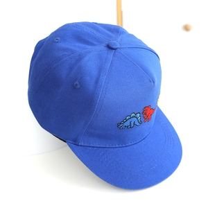 Close-up of vibrant blue kids flat brim cap featuring cartoon dinosaur embroidery