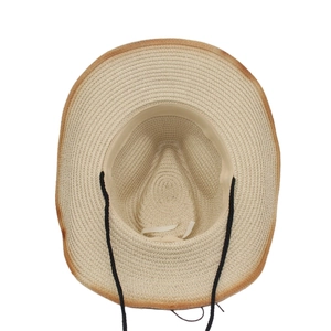 Detail view of woven straw panama hat interior with sweatband and adjustable drawstring