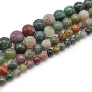 Polished Indian Agate round beads strands with natural green and brown earthy tones