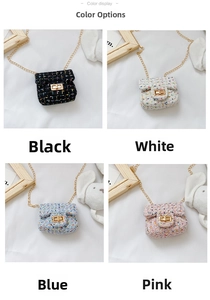 Color display of mini tweed chain bags in black, white, blue, and pink variants