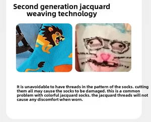 Detailansicht der inneren Webstruktur und Jacquard-Technik der Socken mit Tiermustern