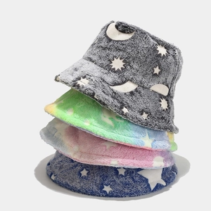 Bucket Hat Plush Faux Fur Star Moon Print Thickened Warm Winter Hip Hop Basin Cap For Women And Men Adjustable