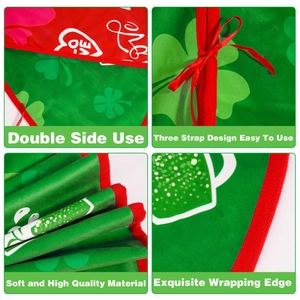 Detail view of St. Patrick's Day tree skirt featuring green clover patterns and ties