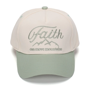 Detail of Faith mountain embroidery on cotton beige and green two-tone baseball cap
