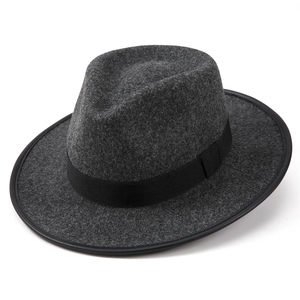 Classic dark gray felt fedora hat with black decorative ribbon on a white background