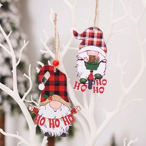 Wooden Christmas gnome hanging ornaments with red plaid hats and Ho Ho Ho festive design