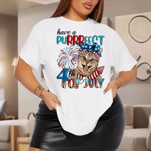 Cat Independence Day Graphic T-Shirt Cotton Breathable Short Sleeve O-Neck Patriotic Loose Casual Top For Men