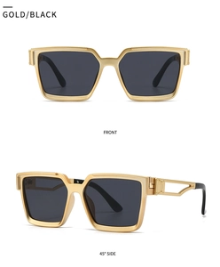 Front and 45-degree side views of square gold metal sunglasses with black lenses