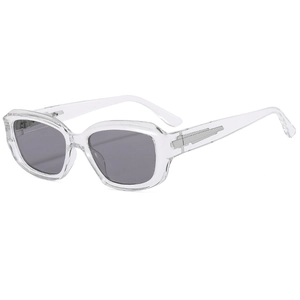 Modern minimalist transparent square sunglasses with grey lenses and silver metal temple detail