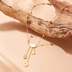 Gold stainless steel set with cloud moon star necklace and pearl shell pendant details