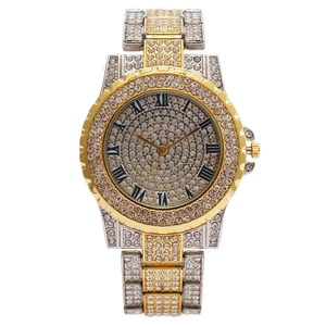 Luxury women's quartz watch in gold and silver with full diamond setting and Roman numerals