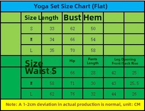 Detailed size guide for seamless yoga set including top and bottom measurements in CM