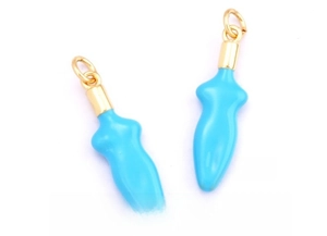 Detail showing front and back of sky blue enamel teardrop pendants with gold loop