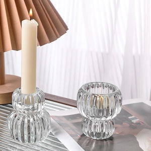 Modern ribbed clear glass candle holder set for romantic dinner table decoration