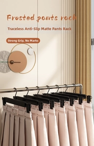 Black frosted clips holding pleated skirts on a stainless steel clothes rack with no marks
