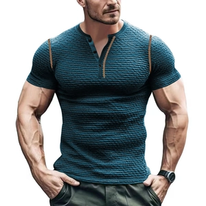 T-shirt Henley ajusté pour homme en maille gaufrée bleu sarcelle avec trois boutons