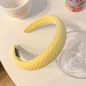 Serre-tête en tissu jaune tissé motif pied-de-poule avec étiquette faite main
