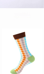 Detail of colorful geometric pattern cotton socks with ribbed cuffs and contrast heel
