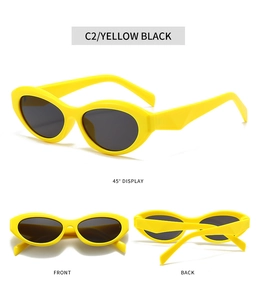 Three views of retro oval yellow sunglasses with thick frames and dark lenses