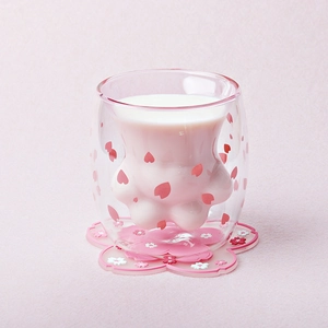 Insulated double-wall glass cat claw coffee mug with cherry blossom petals and coaster