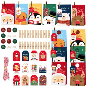 Detail view of 24pcs Christmas DIY gift bag set with paper tags, wooden clips and cotton string