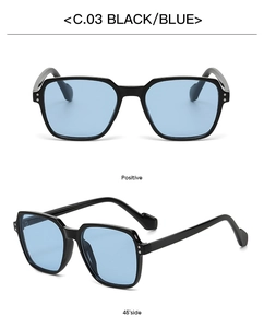 Detailed front and side views of black oversized sunglasses with blue lenses C.03
