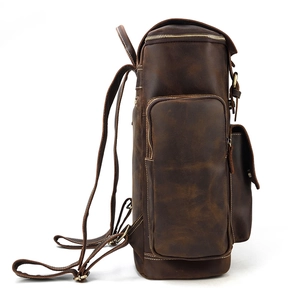 Vintage crazy horse leather backpack for men with side pocket and metal zipper details