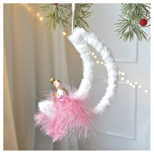 Pink feather angel sitting on a plush white moon Christmas tree hanging ornament decor