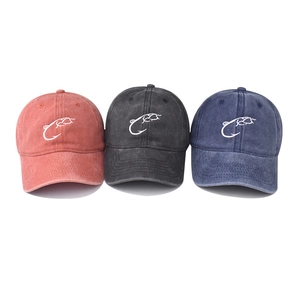 Classic washed cotton baseball caps with fishhook embroidery in three vintage colors