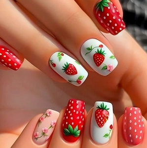 Unghie finte con decorazioni di fragole e fiori in vivaci colori rosso e rosa