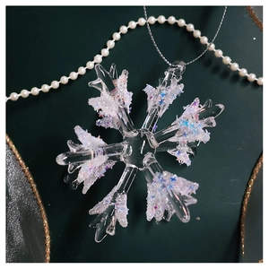 Detail of crystal snowflake ornament with colorful sequins and silver hanging chain