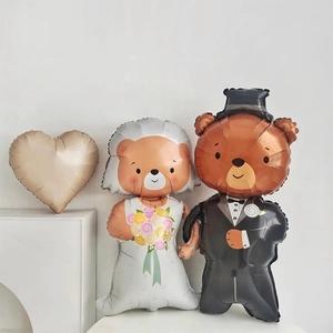 Wedding foil balloons set featuring a champagne heart, bride bear, and groom bear