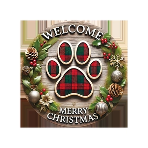 Detailed Christmas wooden door sign featuring a plaid dog paw with festive wreath and pine cones