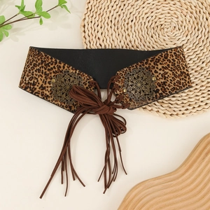 Vintage leopard print waist belt with brown suede ties and retro round metal buckles