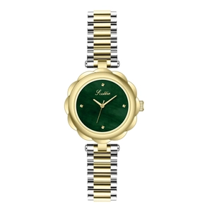 Elegant gold and silver steel band ladies watch with wave-petal bezel and green dial