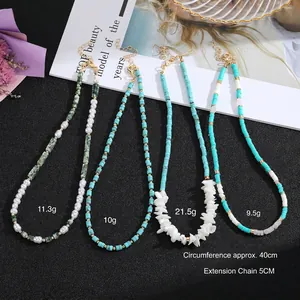 Bohemian natural stone beaded necklace set with turquoise, shell, and gold alloy accents