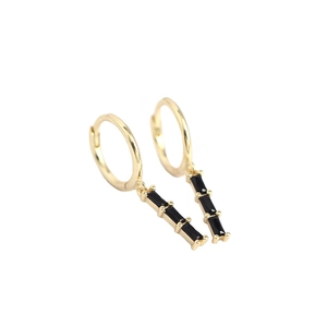 Elegant gold hoop earrings with three vertical black baguette-cut zircons for women