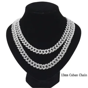 Iced out 13mm silver Cuban link necklace with sparkling rhinestones for men