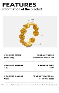 Detail view showing a 1.7cm diameter golden shell texture ring made of stainless steel