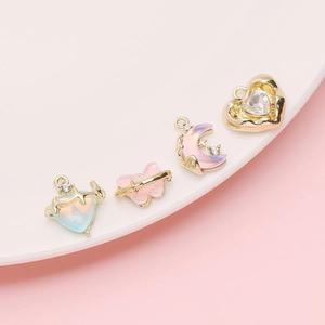 Golden alloy heart and butterfly charms with gradient crystal inlay for DIY jewelry