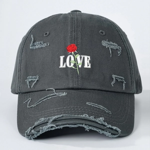 Distressed dark grey baseball cap with red rose and LOVE embroidery in street style