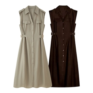Sleeveless V-neck linen midi dress with button-down front and waist belt details